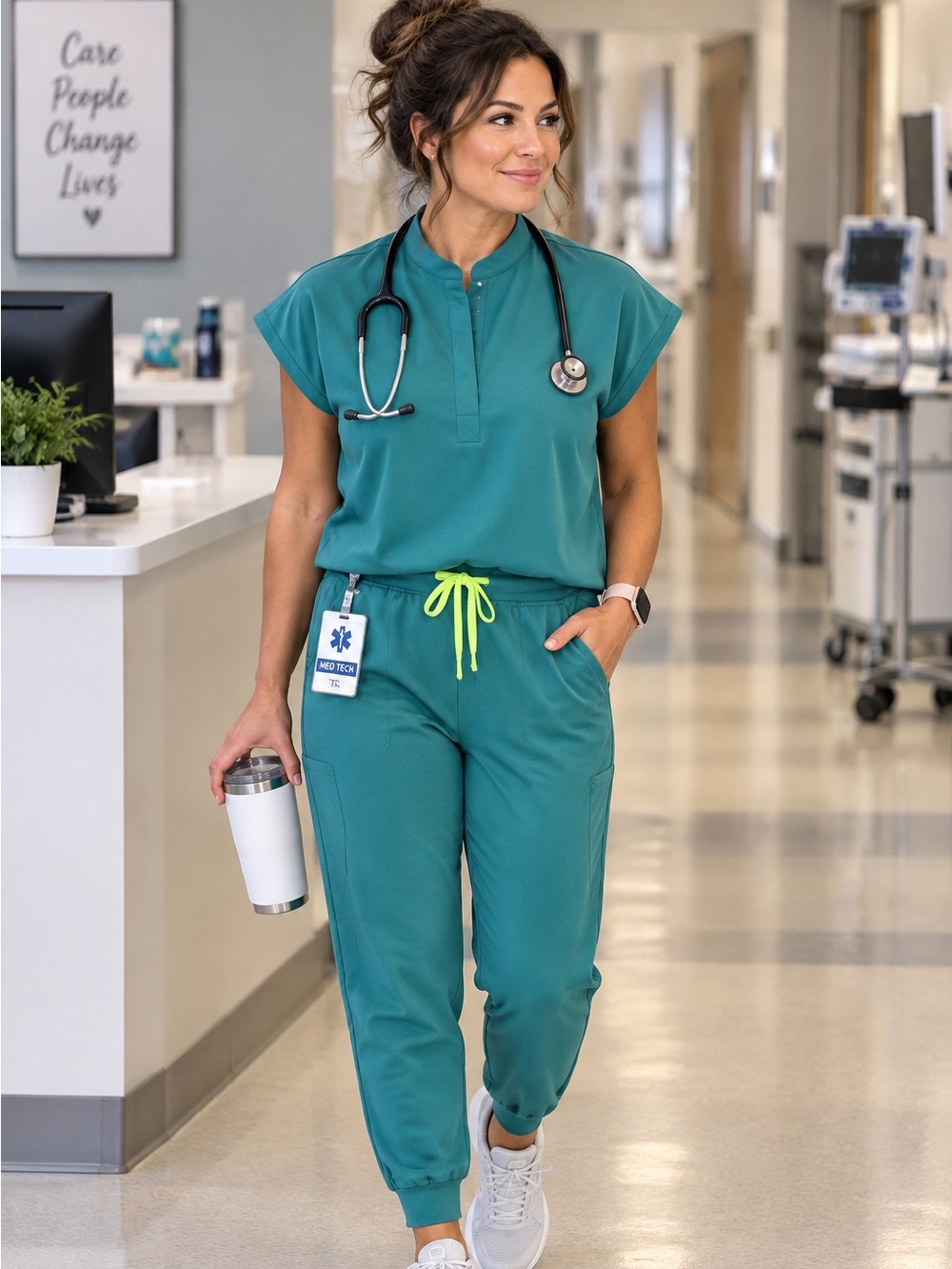 FIGS Women's Teal Jogger Pants with Neon Lime Drawstring and Top Set S